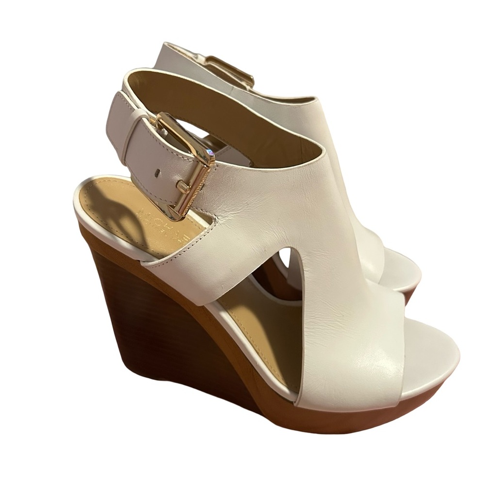Michael Kors White and Tan Wedge Sandals